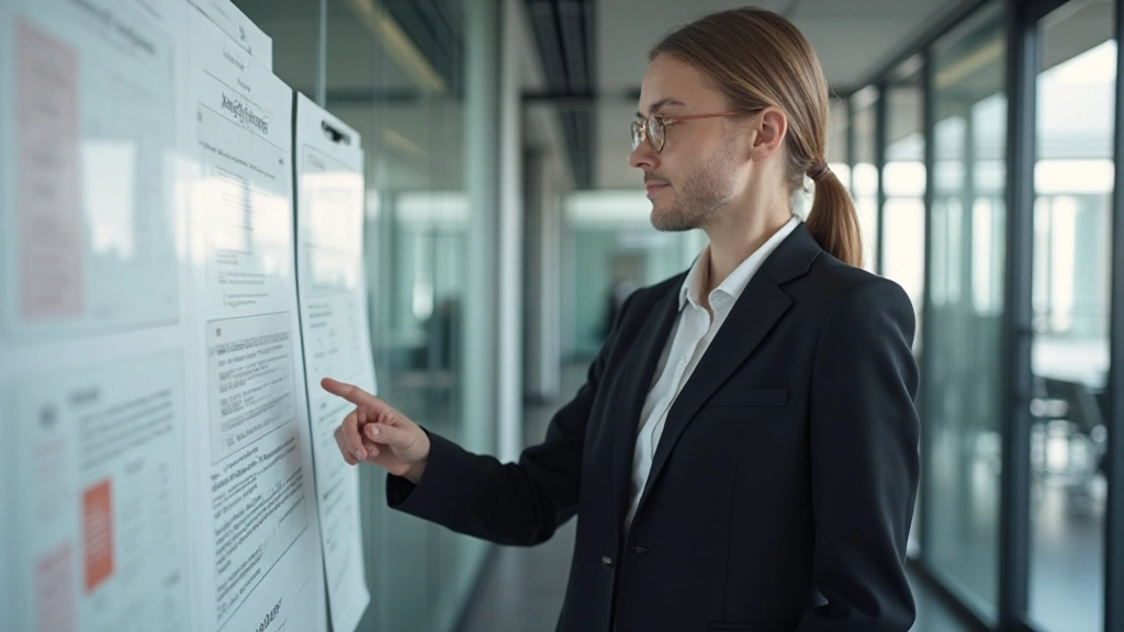 Professional in modern office setting looking at strategic planning board with confidence