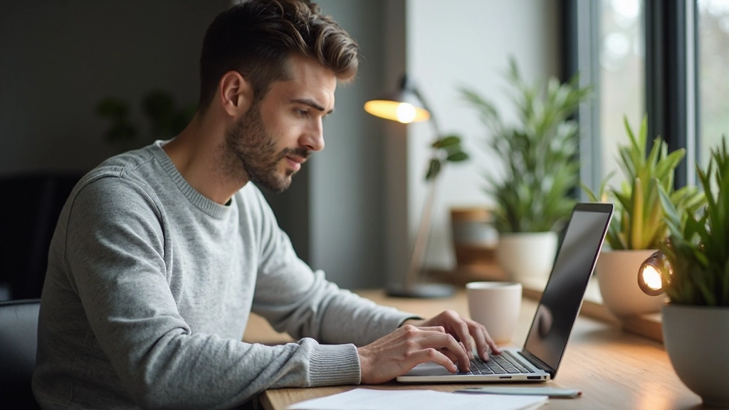 Yrkesman fokuserad på bärbar dator som arbetar vid organiserat skrivbord med kaffe