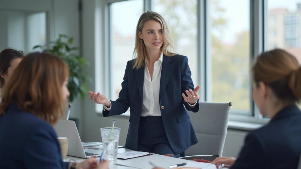 Yrkeskvinna i möte presenterar idéer för kollegor