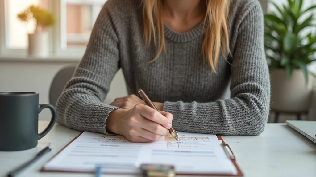 En yrkeskvinna som planerar sin karriärutveckling med anteckningar och en strategisk målplan på sitt skrivbord