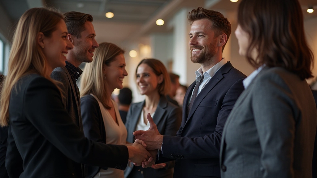 Professionella kollegor nätverkar och bygger relationer på en branschevent med positiv energi