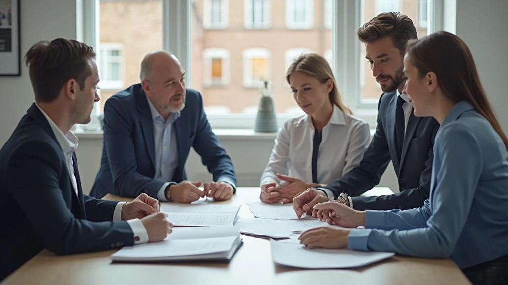 Professionella kollegor som samarbetar vid konferensbordet, diskuterar strategi med bärbara datorer och anteckningsblock