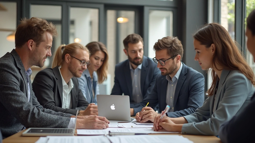 Diverse team working together collaboratively around a table with laptops and documents