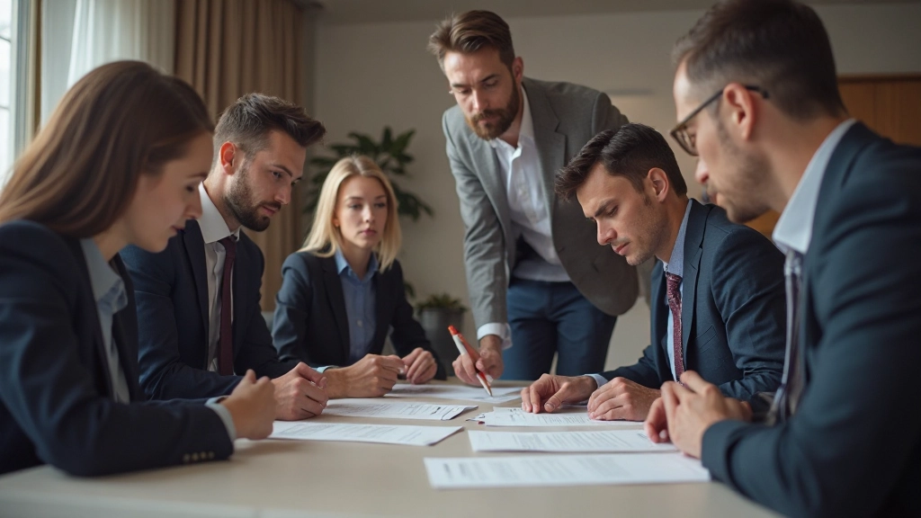 Teamsamarbete i modernt kontor med olika yrkespersoner som diskuterar strategi