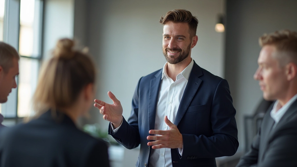Ledare möter sitt team i modernt öppet kontorslandskap med naturligt ljus