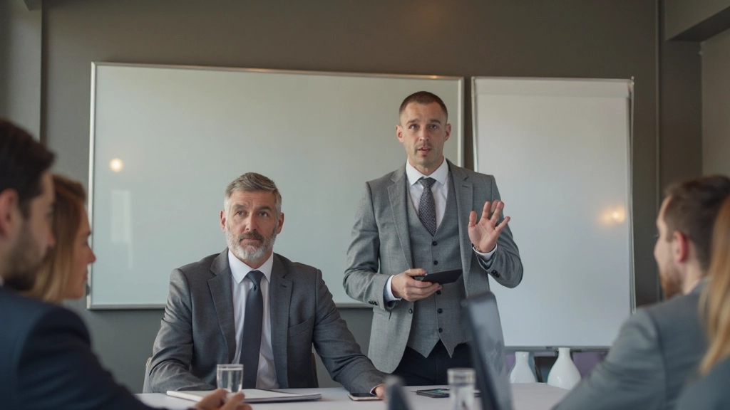 Proffesionell man presenterar idé för team i konferensrum med whiteboard och engagerade deltagare