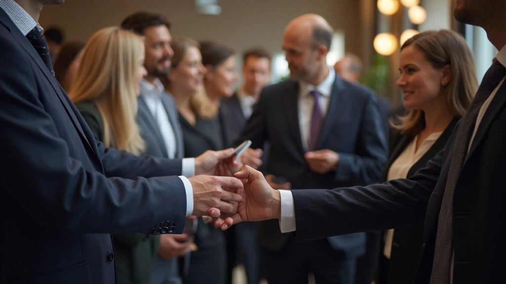 Professionell nätverksevent med människor som hälsar på och utbyter visitkort i elegant miljö