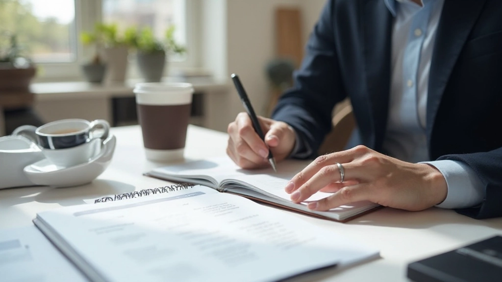Professionell person som skriver utvecklingsmål i anteckningsbok med kaffe på skrivbordet