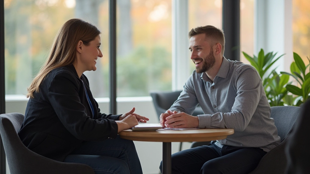 Två professionella personer har ett respektfullt samtal i ett modernt kontor, båda leende och öppna