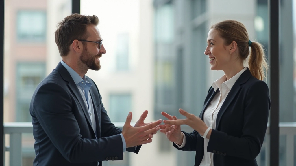 Två professionella människor som har ett konstruktivt samtal på kontoret med öppen kroppsspråk