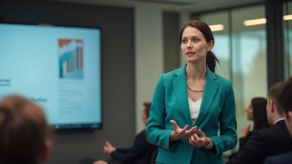 Professional woman presenting to audience in conference setting with engagement