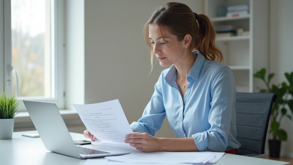 Professionell kvinna som granskar utvecklingsplan på sitt skrivbord med anteckningar och kaffekopp