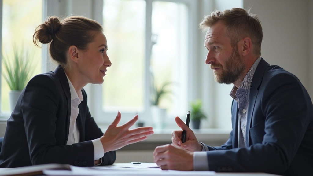 Två proffesionella har en konstruktiv konversation vid ett skrivbord med positiv kroppsspråk och ögonkontakt