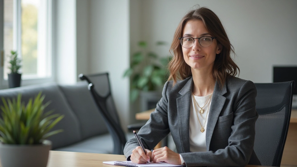 Professional woman reviewing documents with thoughtful expression in office environment